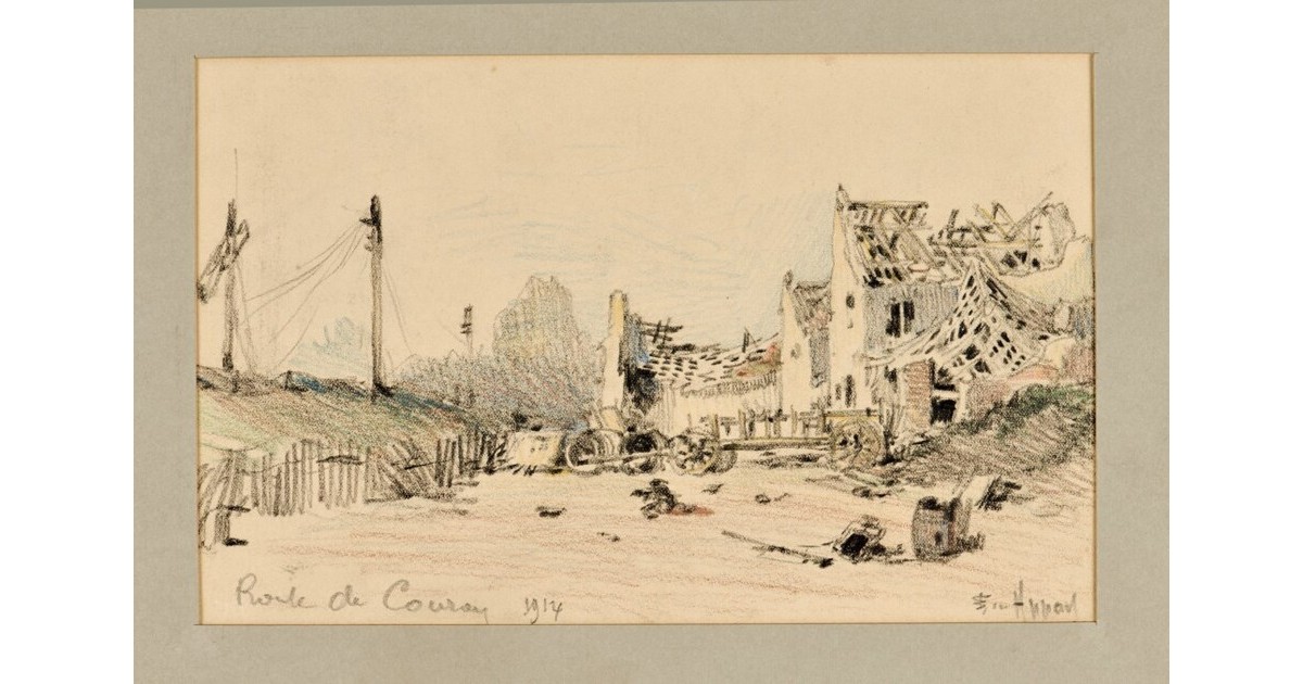 Appay Route bordée de maisons en ruines et barricadée par des charrettes ...